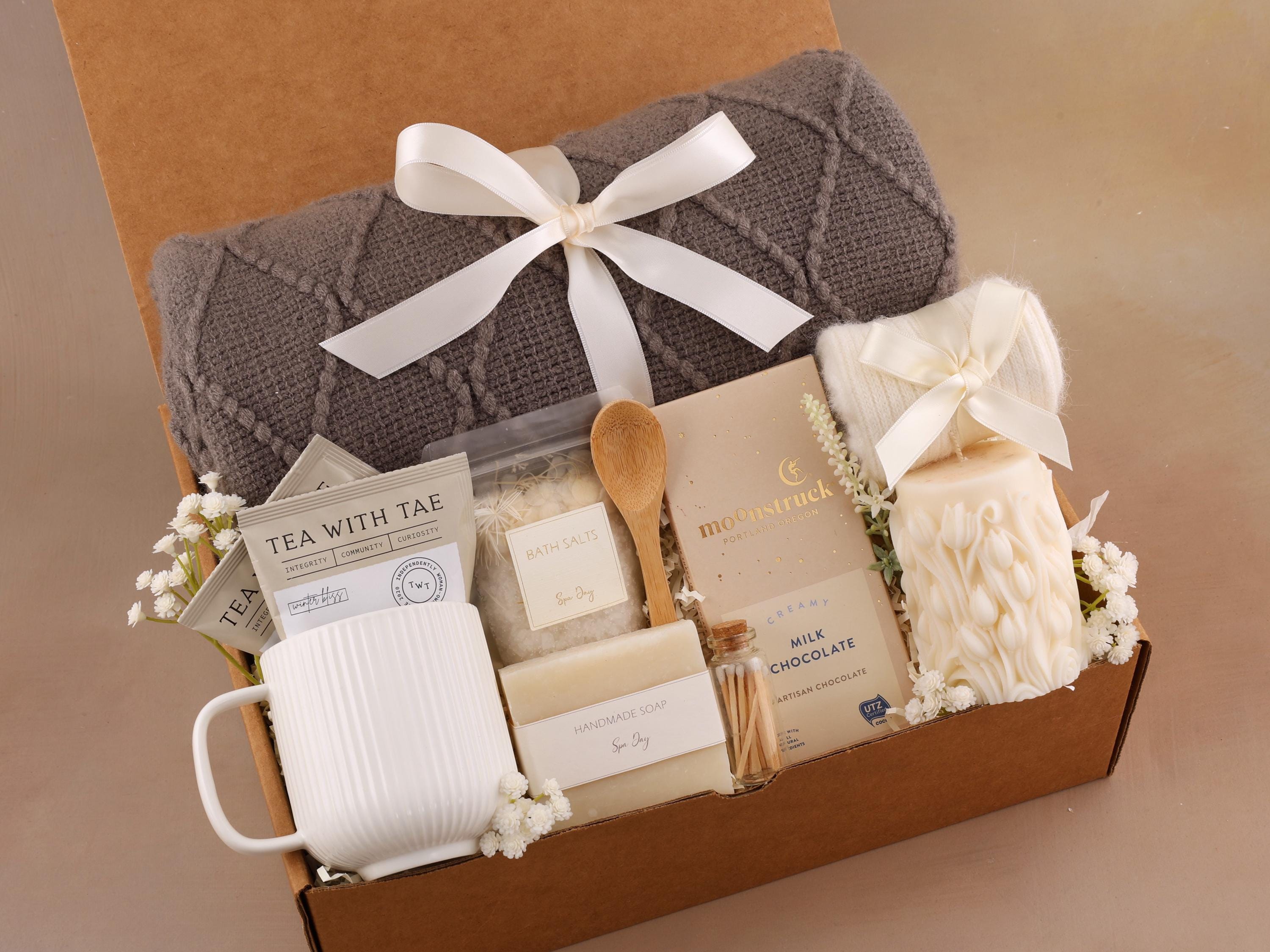 Self Care Gift Box, Cozy Mug, Artisan Chocolate, Knitted Flowers Candle